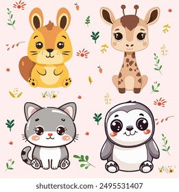 Cute Kawaii Animals Illustration - Squirrel, Giraffe, Cat, and Penguin