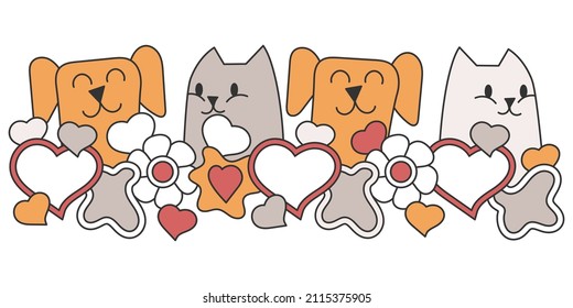 Cute kawaii animals, pets flowers and hearts. Horizontal Border for greeting card. Vector illustration.