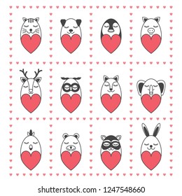 Cute kawaii animals with pink hearts, love symbols. Collection of valentine design elements, isolated on white. Set with hearts frame. Vector.