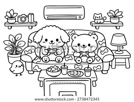 Cute Kawaii Animals Playing Video Games – Living Room Coloring Page Line Art