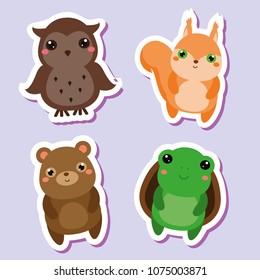 Cute kawaii animals stickers set. Vector illustration. Owl, squirrel bear, turtle. Children style, isolated design elements for kids. Icons