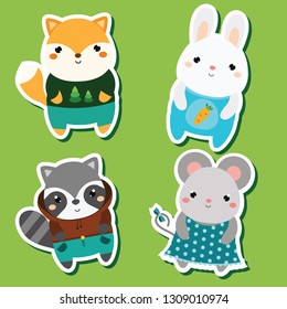 Cute kawaii animals stickers set. Vector illustration. Fox, rabbit, raccoon, mouse. Children style, isolated design elements for kids. Icons