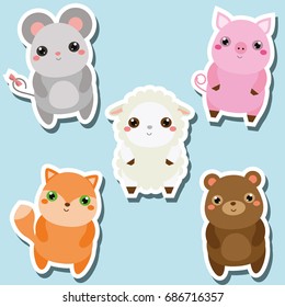 Cute kawaii animals stickers set. Vector illustration. Mouse, pig, sheep, fox, bear. Children style, isolated design elements for kids. Icons