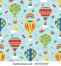 Cute Kawaii animals travelling in hot air balloons seamless vector pattern background. Bright multicolor backdrop with cartoon bears, dogs, cats, butterflies, birds,dragons, bees. Summer travel repeat