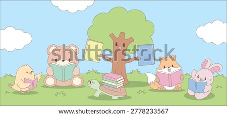 cute kawaii animals and a tree reading books together illustration vector