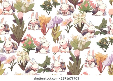 Cute kawaii anime abstract flowers and bunny pattern