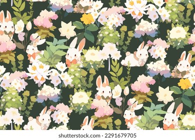 Cute kawaii anime abstract flowers and bunny pattern