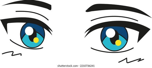Cute Kawaii Anime Eyes. Manga Style Big Blue Eyes. Yellow And White Sparkles In The Eyes. Hand Drawn Simple Vector Illustration 
Isolated On White Background. How To Draw Anime Eyes.