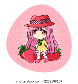 Cute and kawaii anime girl. Chibi with strawberries.