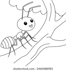 Cute kawaii ant on the tree cartoon character coloring page vector illustration. Wild animal, insect colouring page for kids