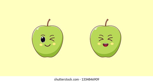 Cute Kawaii Apple, Cartoon Ripe Fruit. Vector illustration of Cartoon Green Apple with Winking and Laughing Face, Funny Emoji. Juicy Fruity Sticker. Print for T-shirt. Friendly Character
