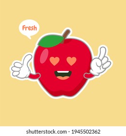 cute and kawaii Apple character with funny face. Happy cute cartoon apple emoji. Healthy vegetarian food character vector illustration