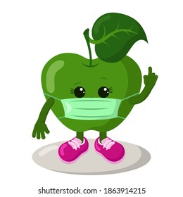 Cute kawaii apple with sneakers and medical mask holding index finger up. Colored isolated natural vector illustration in flat design with shadows