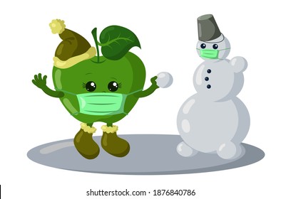 Cute kawaii apple with winter shoes, warm hat and medical protective face mask making a snowman. Colored isolated vector illustration in flat design with shadows