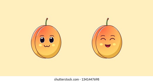 Cute Kawaii Apricot, Cartoon Ripe Fruit. Vector illustration of Cartoon Honeyed Apricot with Charming and Cheerful Face, Funny Emoji. Juicy Fruity Sticker. Print for T-shirt. Friendly Character