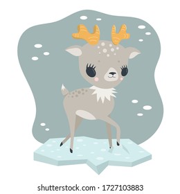 Cute kawaii arctic polar baby reindeer on ice as vector illustration. Concept for children book, nursery, Christmas or New year party, baby shower