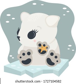 Cute kawaii arctic polar baby bear with starfish on ice as vector illustration. Concept for children book, nursery, Christmas or New year party, baby shower