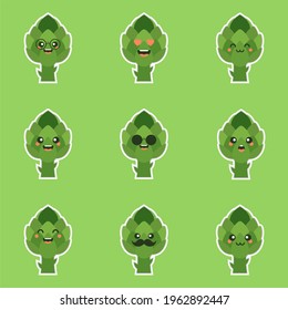 cute and kawaii artichoke Cartoon Vegetable Food Character Emoji Vector Illustration. healthy food, nutrients, diet. Vitamins and minerals. Health benefits of vegetable. Funny character.