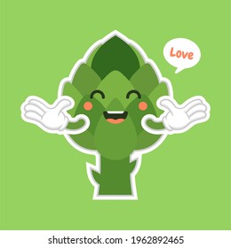 cute and kawaii artichoke Cartoon Vegetable Food Character Emoji Vector Illustration. healthy food, nutrients, diet. Vitamins and minerals. Health benefits of vegetable. Funny character.