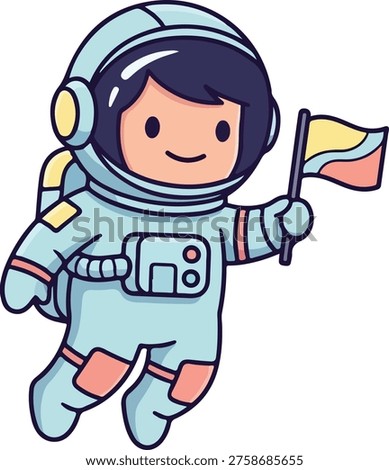 Cute kawaii astronaut character floating in space with a flag in a playful cartoon style. Perfect for kids illustration, space themes, and stickers.