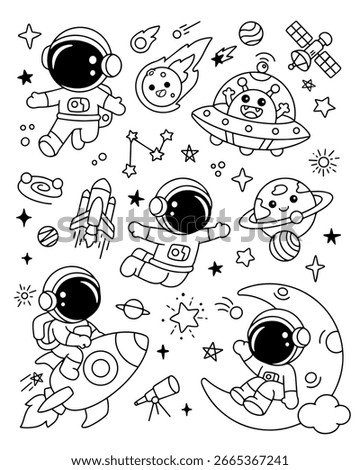 Cute kawaii astronaut space doodle coloring page illustration