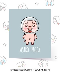Cute Kawaii astronaut-piggy. Can be used for print on t-shirt. Symbol of Chinese New Year. Pink happy pig in a cartoon style. Vector illustration