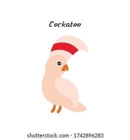 cute Kawaii Australian cockatoo, isolated on white background. Can be used for cards for preschool children games, learning words. Vector