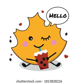 cute kawaii autumn leaf drinking bubble milk tea cartoon hand drawn. hello Autumn.