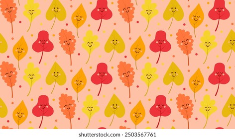 Cute kawaii autumn leaf seamless pattern. Vector cartoon illustration.