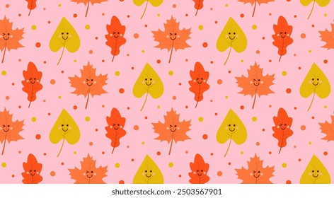 Nettes Kawaii Herbstblatt nahtloses Muster. Vektorgrafik.