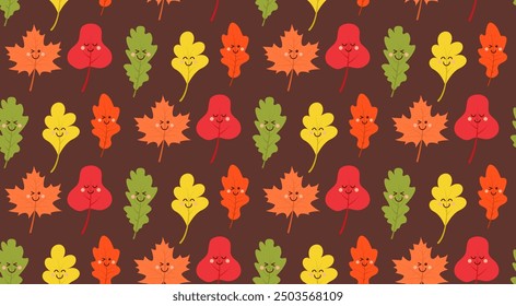 Cute kawaii autumn leaf seamless pattern. Vector cartoon illustration.