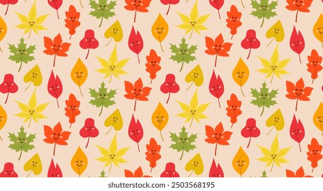 Cute kawaii autumn leaf seamless pattern. Vector cartoon illustration.