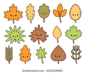 Cute kawaii hoja de otoño. Conjunto de lindas hojas de dibujos animados. Diseño vectorial aislado.