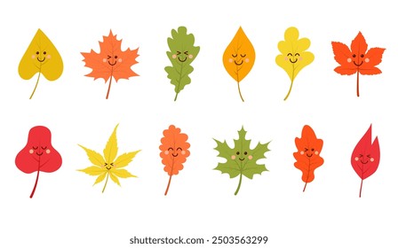Cute kawaii autumn leaf set. Vector cartoon illustration.