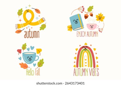 Cute kawaii autumn lettering badges pack 