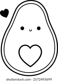 Cute Kawaii Avocad Fruit - Vector Fruit - Outline Graphic Image