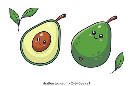 Cute Kawaii Avocado character whole and cut. Vector hand drawn cartoon icon illustration. Avocado character in Cartoon manga style. Isolated on white background.