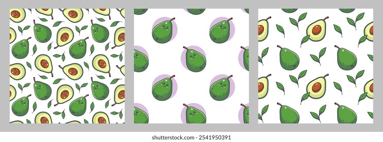 Cute Kawaii Avocado character whole and cut seamless patterns set. Vector hand drawn illustration. Avocado character in Cartoon manga style. Avocado pattern collection