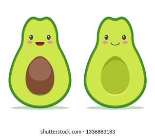Cute kawaii avocado couple  Cartoon face character and smile  Template design for food concept  greeting card  post card  flyer  print  badges  banner  sticker  poster  Vector illustration