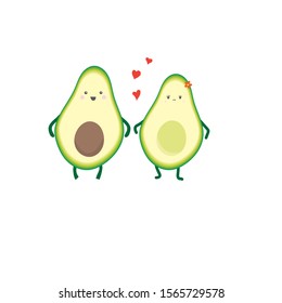 Cute kawaii avocado couple with hearts for Valentine's day. Vector illustration, avocado love, isolated on white background, hand drawn .
