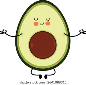 Cute Kawaii Avocado Doing Yoga – Cartoon Wellness Character Vector Illustration
