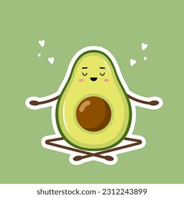 Cute kawaii avocado sticker. Doodle fruit on green background. Trendy decor for notebook or diary. Hand drawn vector illustration in flat cartoon style.