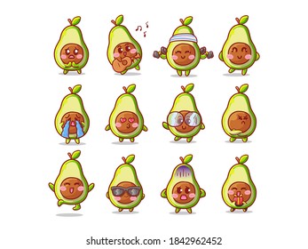 Cute and Kawaii avocado Sticker Illustration Set With Various Activity and Expression for mascot