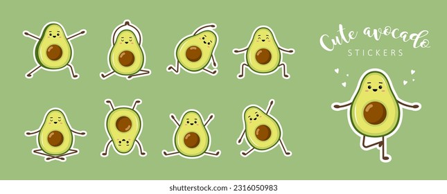 Cute kawaii avocado stickers. Set of doodle fruit on green background. Trendy decor for notebook or diary. Hand drawn vector illustration in flat cartoon style.