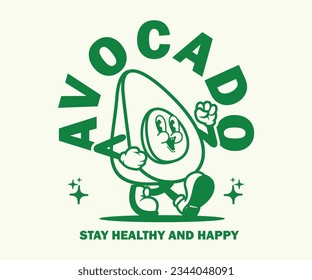 Cute kawaii avocado stickers. Set of doodle fruit on green background. Trendy decor for notebook or diary. Hand drawn vector illustration in flat cartoon style.