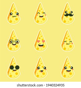 cute and kawaii awaii cheese character. Funny happy smiling cheese. Flat cartoon character illustration icon. Happy funny asian character for children's restaurant menu, Fast Food sticker