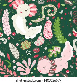 Cute Kawaii axolotl, baby amphibian drawing. Cute animal drawing, funny cartoon illustration. Floral seamless pattern with elements of flora, leaves, twigs, berries, stones