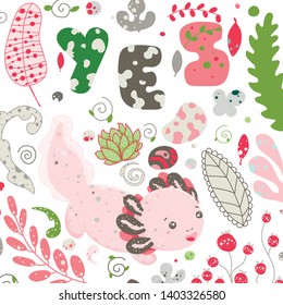 Cute Kawaii axolotl, baby amphibian drawing. Cute animal drawing, funny cartoon illustration. lettering YES. Flat style design. Ambystoma mexicanum