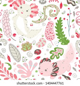 Cute Kawaii axolotl, baby amphibian drawing. Cute animal drawing, funny cartoon illustration. Floral seamless pattern with elements of flora, leaves, twigs, berries, stones