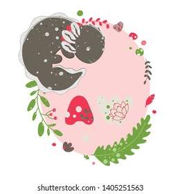 Cute Kawaii axolotl, baby amphibian drawing. Cute frame background, with elements of flora, leaves, flowers, pebbles. Lettering Psst. Flat style design. Ambystoma mexicanum